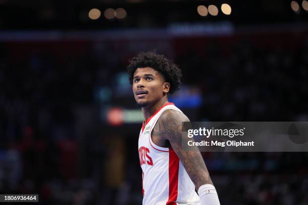 Jalen Green of the Houston Rockets looks on in the fourth period against the LA Clippers during an NBA In-Season Tournament game at Crypto.com Arena...
