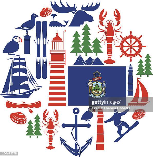 maine icon set - skier silhouette stock illustrations