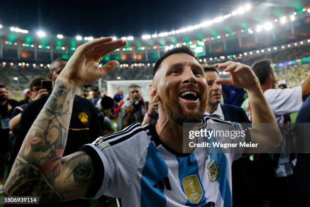 Lionel Messi of Argentina celebrates after winning a FIFA World Cup 2026 Qualifier match between Brazil and Argentina at Maracana Stadium on November...