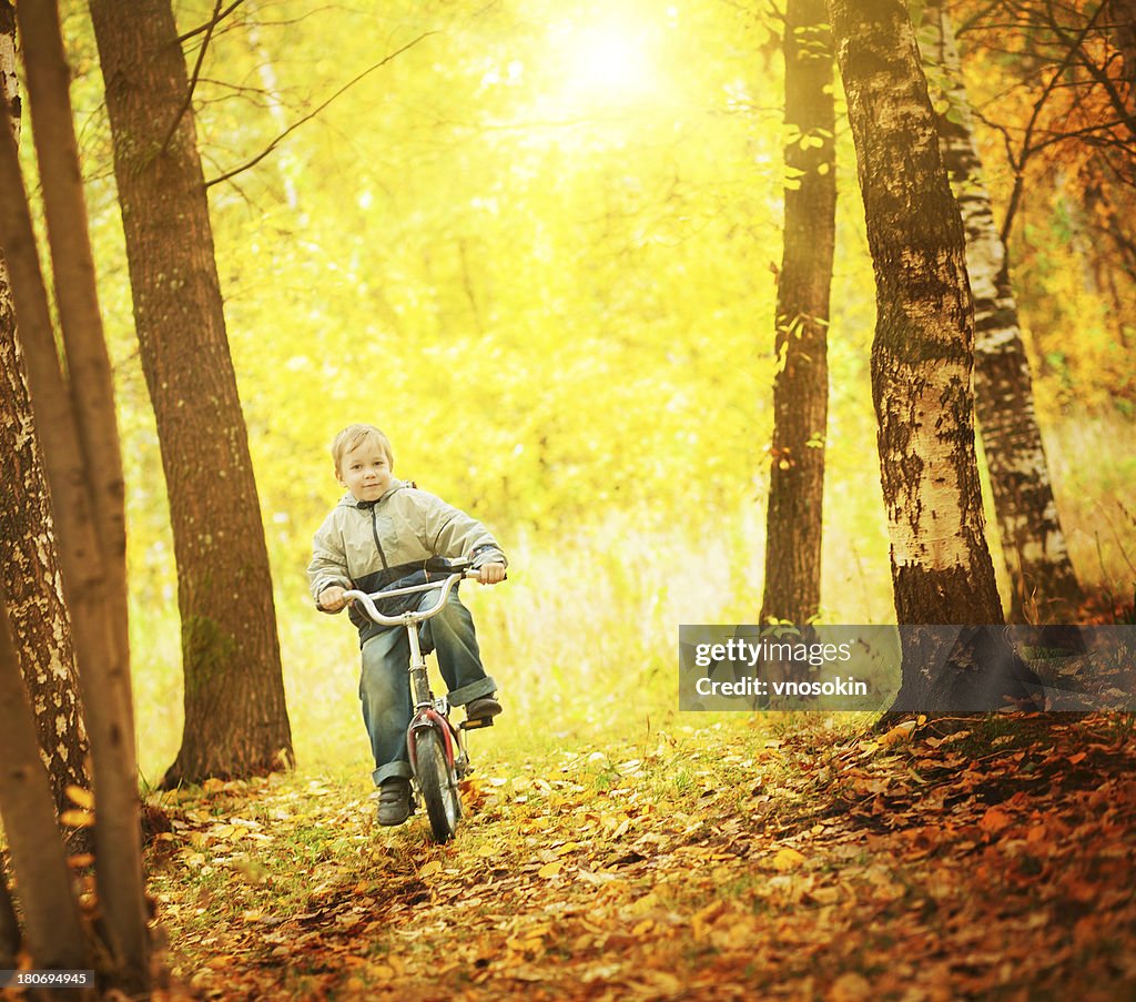 Child drive bike in autumn park