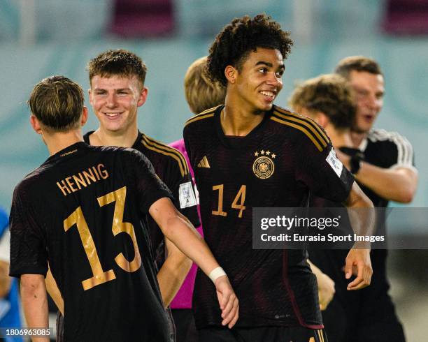 David Odogu of Germany celebrates with his teammates after winning Argentina during FIFA U-17 World Cup Semi final match between Argentina and...