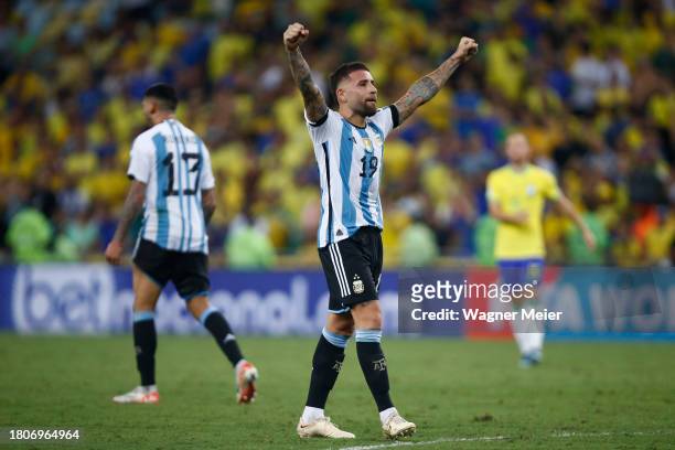 Nicolas Otamendi of Argentina celebrates after winning a FIFA World Cup 2026 Qualifier match between Brazil and Argentina at Maracana Stadium on...