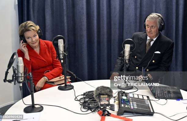 Queen Mathilde of Belgium and King Philippe - Filip of Belgium pictured during a royal visit to the editorial floor of the newspaper Le Soir, in...