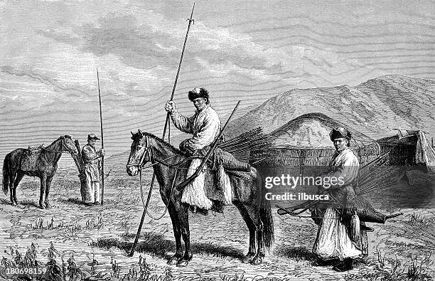 bildbanksillustrationer, clip art samt tecknat material och ikoner med mongolian hunters and soldiers on horse - mongolsk kultur