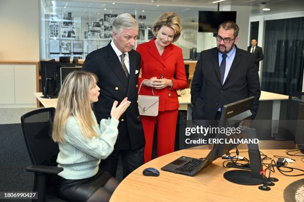 Queen Mathilde of Belgium, King Philippe - Filip of Belgium and Le Soir chief editor Christophe Berti pictured during a royal visit to the editorial...