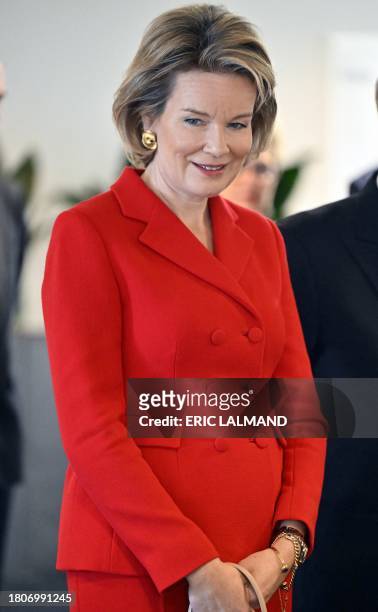 Queen Mathilde of Belgium pictured during a royal visit to the editorial floor of the newspaper Le Soir, in Brussels, Tuesday 28 November 2023. The...