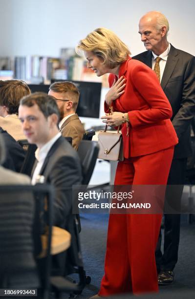 Queen Mathilde of Belgium visits to the editorial floor of the newspaper Le Soir, in Brussels, on November 28, 2023. / Belgium OUT