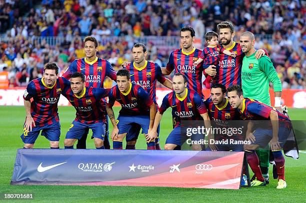 Neymar, Javier Mascherano, Sergio Busquets, Gerard Pique holding his son Milan, Victor Valdes Lionel Messi, Dani Alves, Cristian Tello, Andres...