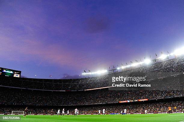 General view of the action during the La Liga match between FC Barcelona and Sevilla FC at Camp Nou on September 14, 2013 in Barcelona, Spain.