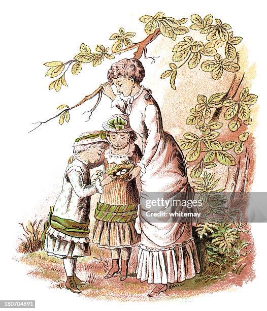 ilustraciones, imágenes clip art, dibujos animados e iconos de stock de victorian madre y niños mirando en un nido de ave - nest tree drawing