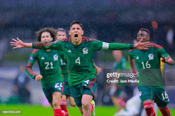 Edson Alvarez of Mexico celebrates after scoring the team's second goal during the CONCACAF Nations League quarterfinals second leg match between...