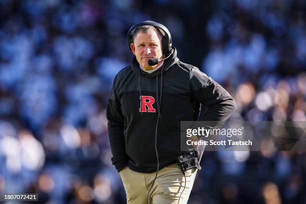 Head coach Greg Schiano of the Rutgers Scarlet Knights looks on against the Penn State Nittany Lions during the first half at Beaver Stadium on...