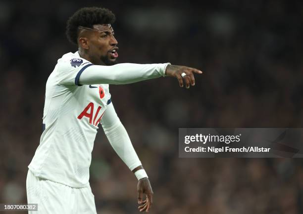 Emerson Royal of Tottenham Hotspur pointing during the Premier League match between Tottenham Hotspur and Chelsea FC at Tottenham Hotspur Stadium on...