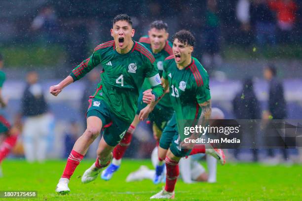 Edson Alvarez of Mexico celebrates after scoring the team's second goal during the CONCACAF Nations League quarterfinals second leg match between...