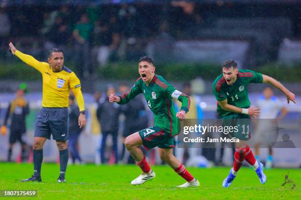 Edson Alvarez of Mexico celebrates after scoring the team's second goal during the CONCACAF Nations League quarterfinals second leg match between...