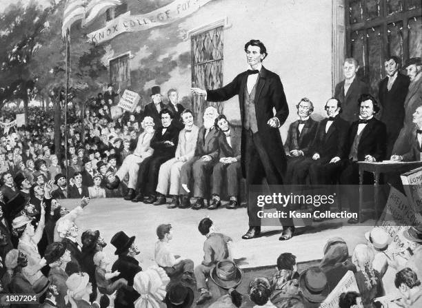 Illustration of Republican presidential candidate Abraham Lincoln speaking on stage during a debate with Steven Douglas and other opponents, Knox...