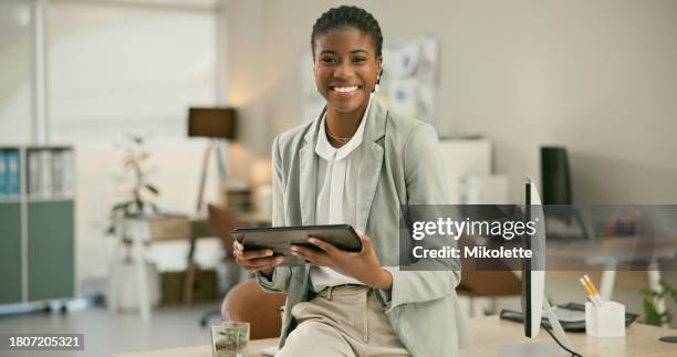portrait, smile and black woman on tablet in business, office or corporate workplace in nigeria. face of african professional entrepreneur on tech, happy worker or employee, consultant and advisor - estate agency stock pictures, royalty-free photos & images