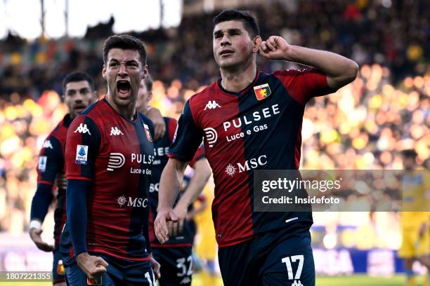 Ruslan Malinovskyj of Genoa CFC celebrates with Alessandro Vogliacco after scoring the goal of 1-1 during the Serie A football match between...