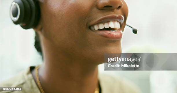 woman, mouth and headphones in call center for customer service, telemarketing or support at office. closeup of female person, consultant or agent smile with mic in online advice or help at workplace - microphone mouth stock pictures, royalty-free photos & images