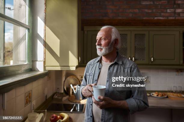 hombre maduro pensativo durante la hora del café en casa. - un solo hombre fotografías e imágenes de stock