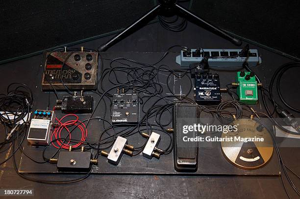 Collection of electric guitar effects pedals used by American musician, songwriter and vocalist Eric Johnson. Photographed during a shoot for...