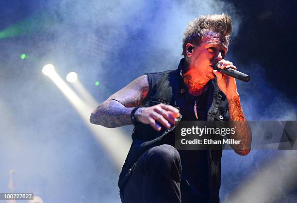 Singer Jacoby Shaddix of the band Papa Roach performs during the Carnival of Madness tour at The Joint inside the Hard Rock Hotel & Casino on...