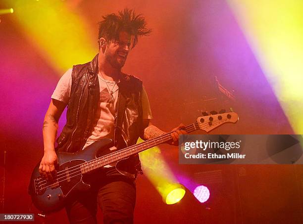 Bassist Tobin Esperance of the band Papa Roach performs during the Carnival of Madness tour at The Joint inside the Hard Rock Hotel & Casino on...