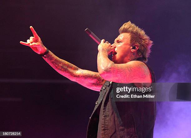 Singer Jacoby Shaddix of the band Papa Roach performs during the Carnival of Madness tour at The Joint inside the Hard Rock Hotel & Casino on...