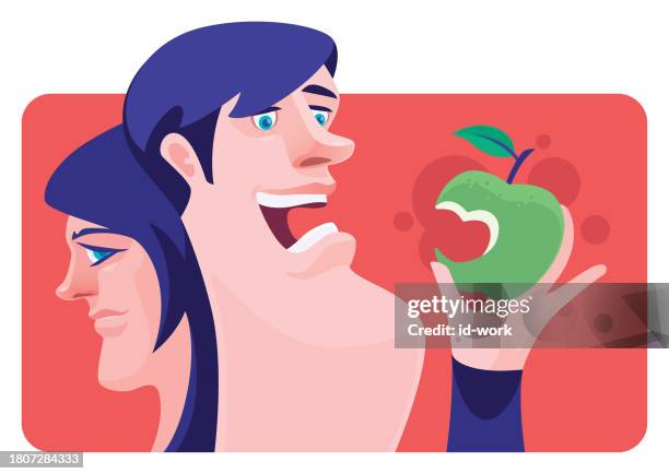 cheerful man holding apple - two apples stock illustrations