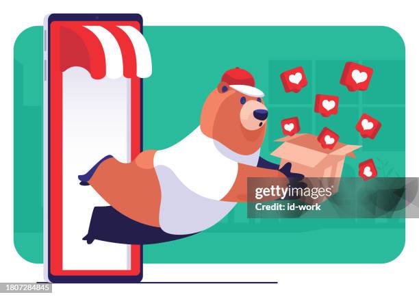 courier bear carrying cartoon of like buttons but stumbling while leaving online store on smartphone - essential services icons stock illustrations