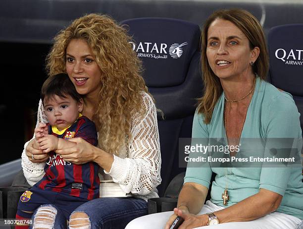 Shakira, her son Milan Pique and her mother-in-law Montserrat Bernabeu attend the League match between FC Barcelona and Sevilla FC at Camp Nou on...