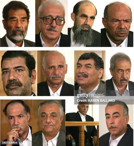 This combo shows ousted Iraqi President Saddam Hussein and 11 former officials of his regime who appeared at a court hearing in Camp Victory, a...