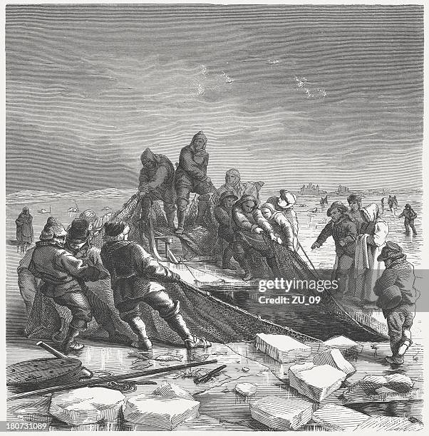 ice fishing, 19th century, wood engraving, published in 1864 - net fishing stock illustrations