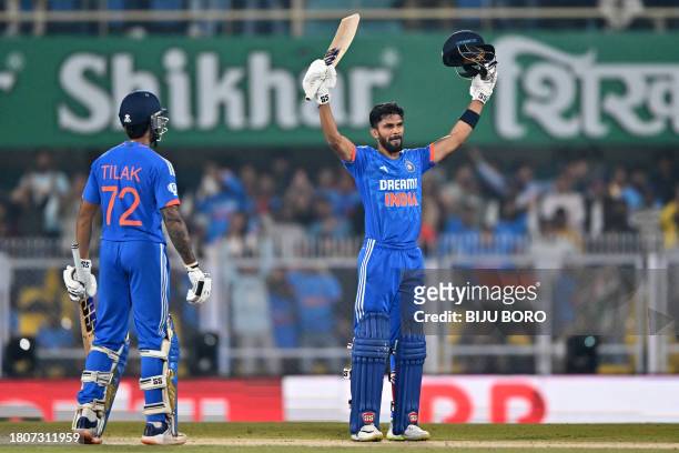 India's Ruturaj Gaikwad celebrates after scoring a century during the third Twenty20 international cricket match between India and Australia at the...