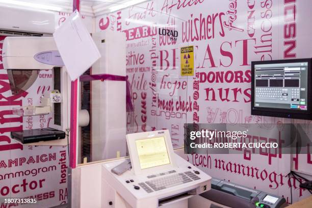 General view of the mobile mammography unit during the screening day at the Lawley 2 Clinic in Lawley, Johannesburg on November 28, 2023. PinkDrive...