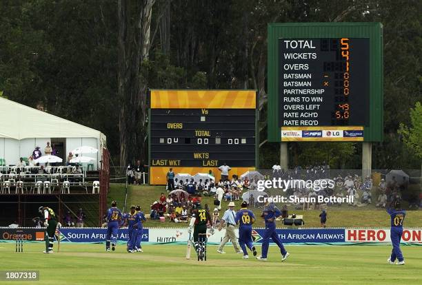 The scoreboard shows Chaminda Vaas of Sri Lanka first over during the ICC Cricket World Cup 2003 Pool B match between Sri Lanka and Bangladesh held...