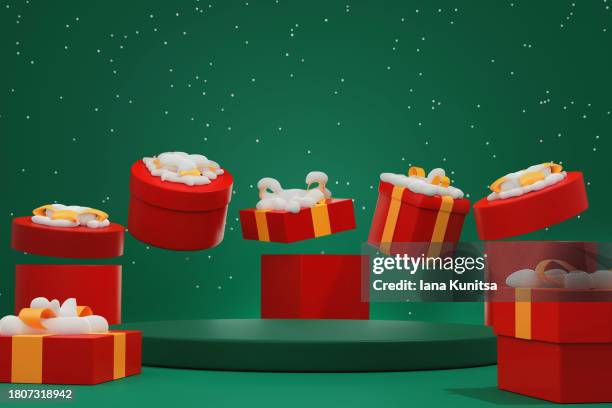 red gift boxes with yellow bows on dark green background with snow. beautiful festive 3d banner. podium, platform, pedestal, place for showing product, design element. concept christmas and new year, sale. xmas. - awards ceremony poster stock pictures, royalty-free photos & images