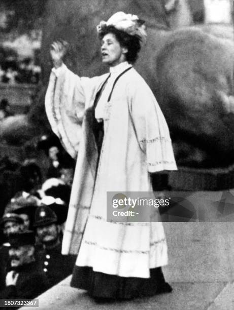 Emmeline Pankhurst , one of the founders of the British suffragette movement, addresses a meeting in Trafalgar Square in London, 11 October 1908. She...