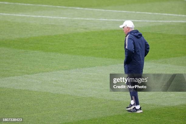 Carlo Ancelotti of Real Madrid during the training session head UEFA Champions League match against SSC Napoli at Estadio Alfredo Di Stefano in...