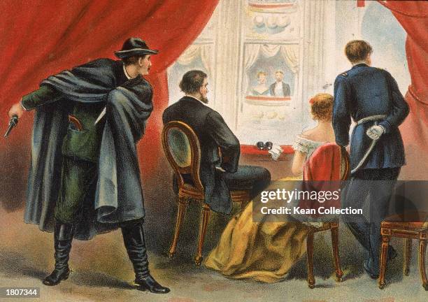 Illustration depicting John Wilkes Booth preparing to assassinate president Abraham Lincoln in the balcony of Ford's Theatre, Washington DC, April...