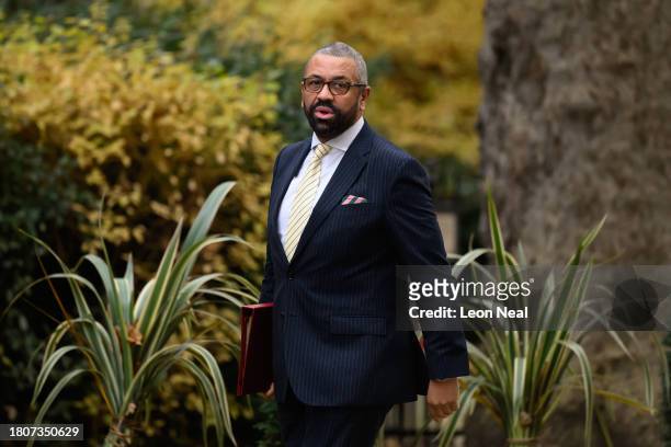 Home Secretary James Cleverly arrives ahead of the weekly Cabinet meeting in number 10, Downing Street on November 22, 2023 in London, England.