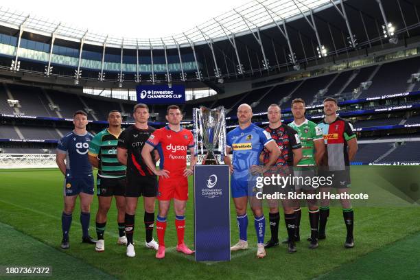 The Captains of the competing Premiership Rugby teams Ben Curry , Juarno Augustus , Owen Farrell , Ben Spencer , Jack Yeandle Fitz Harding , Hanro...