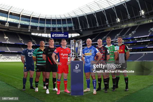 The Captains of the competing Premiership Rugby teams Ben Curry , Juarno Augustus , Owen Farrell , Ben Spencer , Jack Yeandle Fitz Harding , Hanro...
