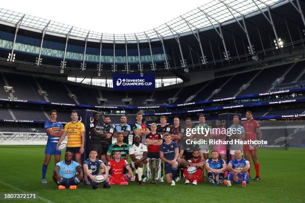 The twenty four captains of the competing teams pose with the trophy during the EPCR 2023/2024 Season Launch at Tottenham Hotspur Stadium on November...