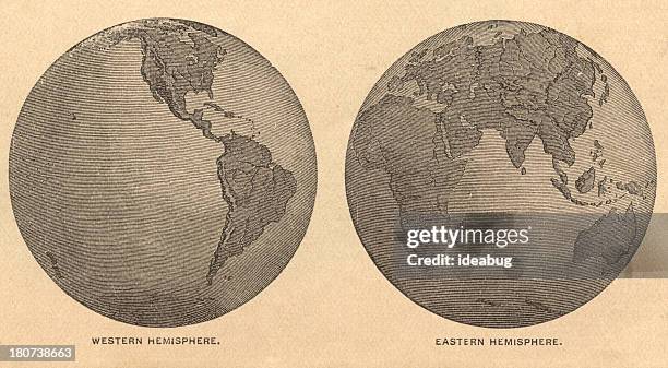 ilustrações de stock, clip art, desenhos animados e ícones de velho, mapa de leste e oeste hemisférios, de 1875 - península