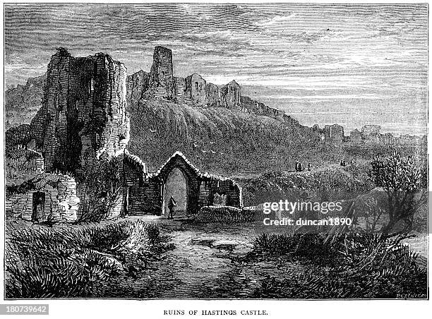 ruins of hastings castle - east sussex stock illustrations