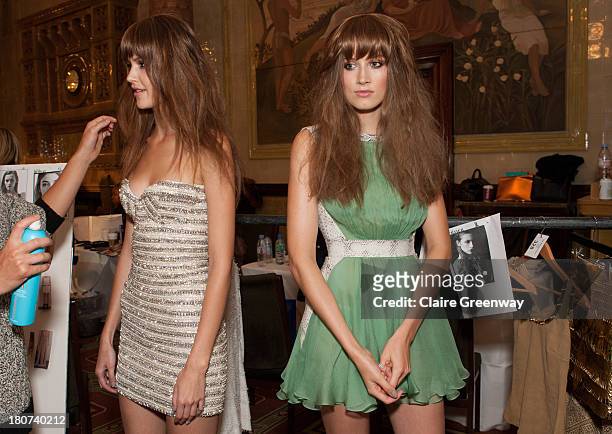 Models are prepared backstage at the Kristian Aadnevik show during London Fashion Week SS14 at The Royal Horseguards on September 15, 2013 in London,...