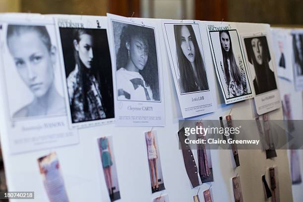 The model looks board is displayed backstage at the Kristian Aadnevik show during London Fashion Week SS14 at The Royal Horseguards on September 15,...