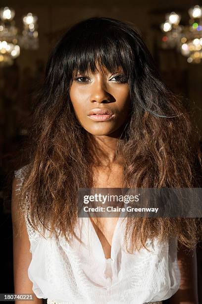 Model poses backstage at the Kristian Aadnevik show during London Fashion Week SS14 at The Royal Horseguards on September 15, 2013 in London,...