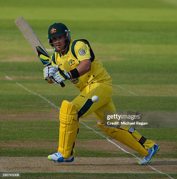 Aaron Finch of Australia plays a shot during the 5th NatWest Series ODI between England and Austalia at the Ageas Bowl on September 16, 2013 in...